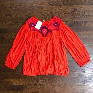 Free People Tangerine Embroidered Blouse